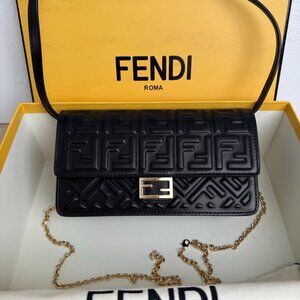 Fendi Nappa Leather FF Black Baguette Chain Bag